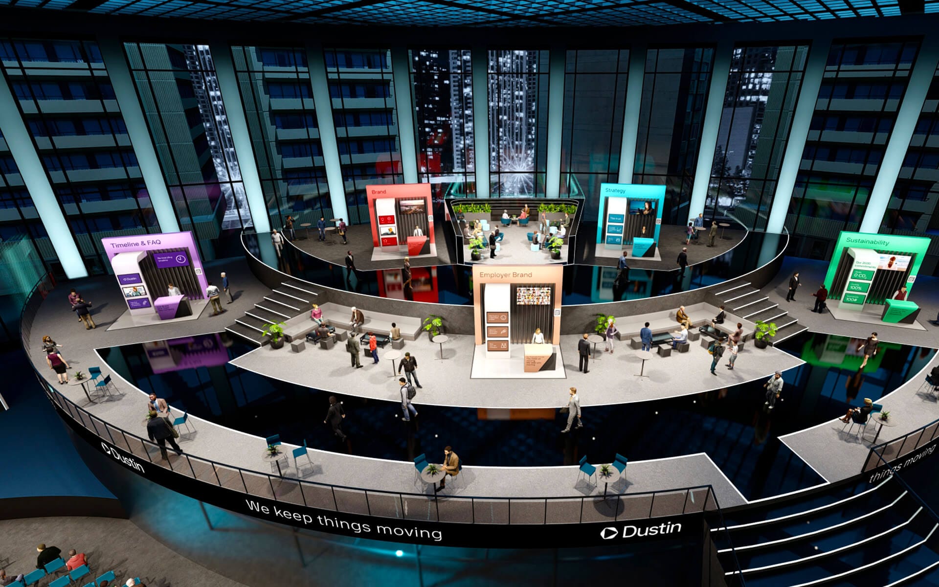 Virtuellt mässområde till det digitala eventet Dustin Benelux Launch