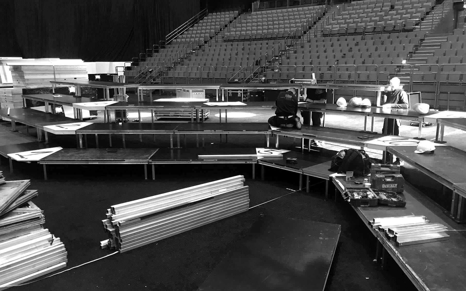 Scenpodie bygge till event på Globen / Avicii Arena